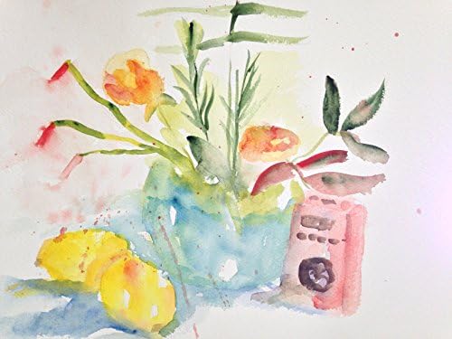 Original Watercolor Art - Still Life with Lemons, Roses and a Red Transistor Radio - Paintings NOT Prints, 9x9 inches