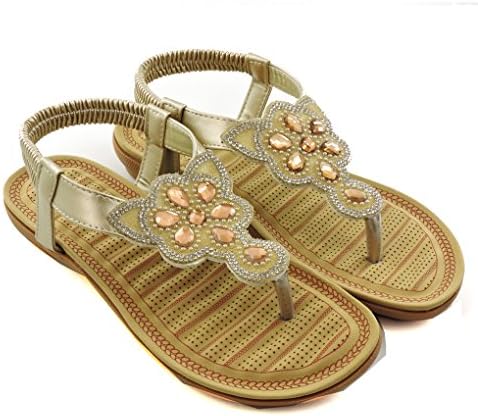 Fashionista Forever Women's Thong 1"Hill Comfortable Strappy Rhinestone Sandals (39-8(M), Gold)