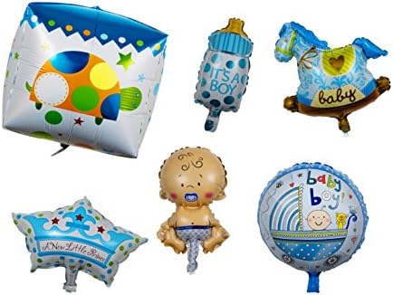 Newborn Prince Baby Boy Shower Balloon - Set of 6 Foil Mylar Helium Cute Kid Rocking Horse Round Pram King Crown Milk Bottle Cube Ballon Idea For Blue Party Invitation Photography