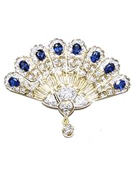 Genuine Blue Sapphire Diamond Brooch/Pin 18K Yellow Gold [I_031]