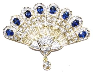 Genuine Blue Sapphire Diamond Brooch/Pin 18K Yellow Gold [I_031]