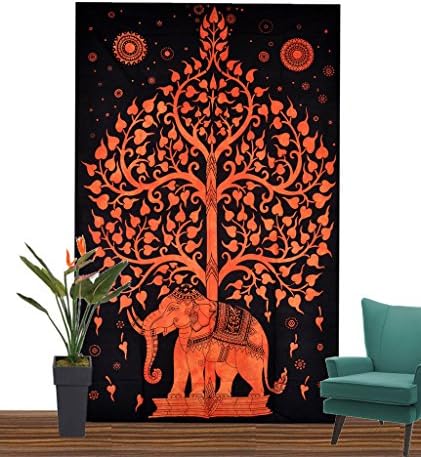 GLOBUS CHOICE INDIA Black Orange Tie Die Elephant Tree Of Life Ethnic Yoga Mat 55" X 85" Multi
