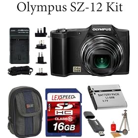 Olympus SZ-12 14MP 4.5 - 108mm 24x Optical Zoom 4x Digital Zoom (Black) + Deluxe Padded Case + Spare Battery + 16GB Memory Card + Card Reader + Cleaning kit + Mini Tripod + International Travel Charger with 4 Plugs and A Car Charger