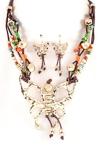 Butterfly Necklace and Earring Set / Tribal/ Hammered Texture / Leather Look Cord / 16-19 Inch Long