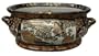 Oriental oval porcelain footbath / planter, hand painted with traditional gold filigree satsuma work, birds and flowers