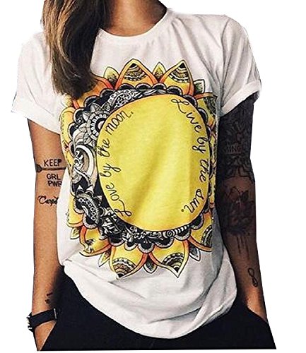 Abetteric Womens Crew Neck Sun Flower Print Stylish Tshirt Shirt Tops