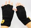 Handmade Artisan Pure Alpaca Natural Fiber Fingerless Gloves - Pure Black with Crocheted Sunflower-yellow Flower (Women/teens 100% Knitted By Hand)
