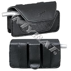 SMOOTH Black Leather Hrizontal Cover Pouch Belt Clip for Decoy VX-8610 Vx8610 / Sanyo PRO-700 / ZTE-C79