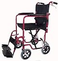 Transport Folding Lightweight Wheelchair with Carbon Steel Frame, Dual Handbrakes, Padded Armrests, Detachable Footrests, and Drop Back Handle.