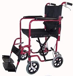 Transport Folding Lightweight Wheelchair with Carbon Steel Frame, Dual Handbrakes, Padded Armrests, Detachable Footrests, and Drop Back Handle.