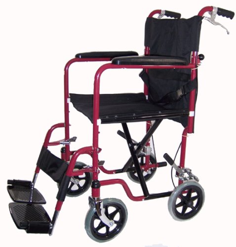 Transport Folding Lightweight Wheelchair with Carbon Steel Frame, Dual Handbrakes, Padded Armrests, Detachable Footrests, and Drop Back Handle.