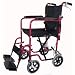 Transport Folding Lightweight Wheelchair with Carbon Steel Frame, Dual Handbrakes, Padded Armrests, Detachable Footrests, and Drop Back Handle.