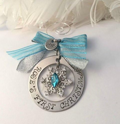 A Blue Jeweled Snowflake Baby`s First 1st Christmas Personalized Hand Stamped 2016 Ornament