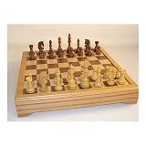 Traditional Russian Style Sheesham and Boxwood Chessmen with Inlaid Walnut and Beechwood Chest