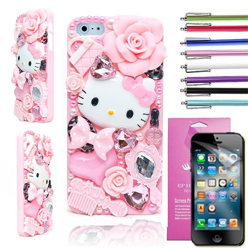 EpicGadget(TM) Bling Diamond Luxury 3D Hard Case Cover For Apple iPhone 5s 5 with HD Screen Protector AND Stylus (Random Color) (Pink Miss Kitty Fairy Case)