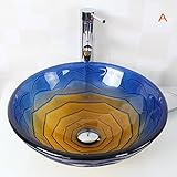 Tophome 洗面ボール ガラス 洗面台 洗面ボウル　手洗器 手洗い器おしゃれ 強化ガラス製　排水金具付 洗面台彩色上絵 洗面鉢　手洗い器　蛇口なし　A-ブルー