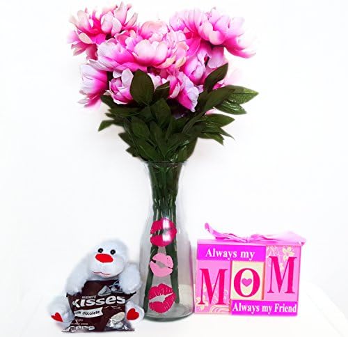 I Love You Mom Artificial Peony Flowers Bouquet Bundle with Vase, Teddy Bear, Sentimental Plaque and Hersheys Kisses