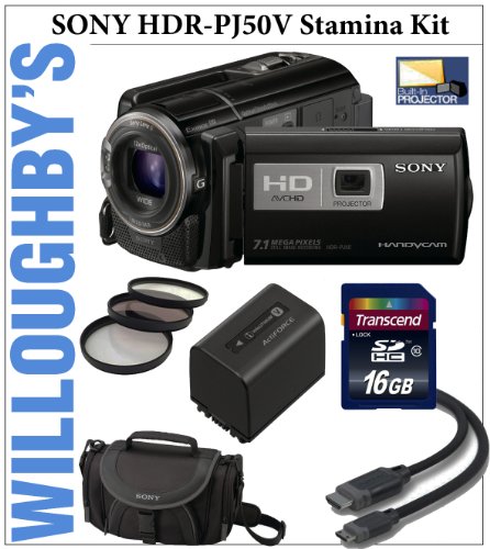 Sony HDR-PJ50V High Definition Handycam Camcorder + Transcend 16GB SDHC Class 10 Memory Card + Sony NPFV70 Spare Battery + HDMI Cable + 3PC High Resolution Essential Filter Kit + Sony Deluxe Camcorder Bag & Much More! Willoughby's Est. 1898 Stamina Value Bundle