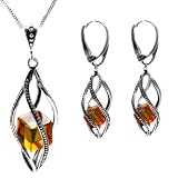 Millennium Collection Baltic Honey Amber and Sterling Silver Leverback Earrings Neclace Set, 18"