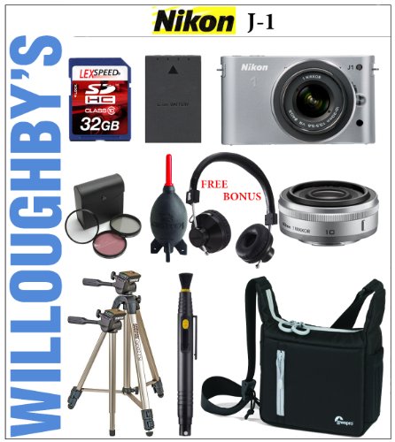 Nikon 1 J1 10.1 MP HD Interchangeable Lens Digital System Camera with NIKKOR 10mm f/2.8 VR (Silver) + NIKKOR 10-30mm f/3.5 - 5.6 VR + FREE BONUS Eskuche DJ/Studio Monitor On-Ear Headphone + LEXSpeed 32GB SDHC Memory Card + Extra EN-EL20 Rechargeable Li-ion Battery + Lowepro Deluxe Camera Bag + 3pc 40.5mm Multi-Coated Essential Filter Kit
