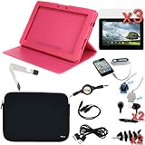 GTMax 16 Items Accessories for Asus Eee Pad Transformer Prime TF201 10.1-Inch Tablet- Include Pink Premium Leather Multi-Angle Rotating Folio Cover Case w/Stand Bundle Kit