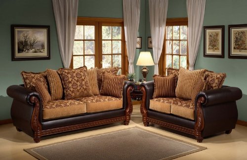 2pc Sofa Loveseat Set with Chocolate Damask Cushion Seat and Back