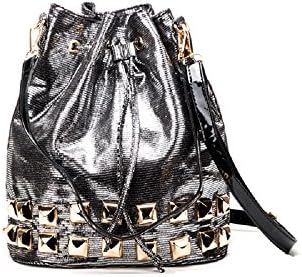 Becool Soft Metallic Drawstring Bucket Handbag With Studs (Silver)