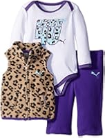PUMA Baby-Girls 3 Piece Bodysuit Leopard Print Vest and Solid Pant