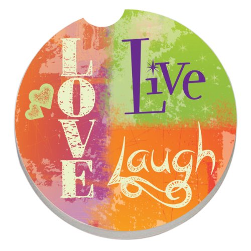CounterArt Absorbent Stoneware Car Coaster, Live Laugh Love Bright