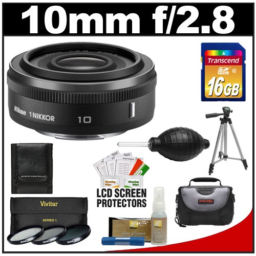 Nikon 1 10mm f/2.8 Nikkor Lens (Black) with 16GB Card + Case + 3-Piece UV/CPL/ND8 Filter Set + Tripod + Cleaning & Accessory Kit