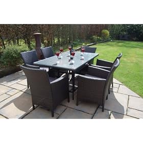 Milano Deluxe Rattan Dining Set, 6 Armchairs with Cushions and a 150x90cm Rectangle table with an Aluminium Frame for All Year Outdoor & Indoor use.