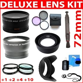 Advanced Lens Accessory Kit Includes Wide Angle Lens + 2x Telephoto Lens + 3Pcs Filter Kit + Lens Pen + Lens Cap Keeper + Close Up Filter Set (+1, +2, +4 and +10 Diopters) + Hard Tulip Lens Hood + 3 Steps Rubber Lens Hood + Lens Cleaning Kit For Canon, Nikon, Olympus, Pentax & Sony Lenses with 72mm 