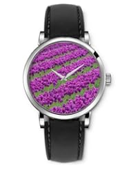 SPRAWL Aanalog Fashion Series Silver Ladies Watches of Genuine Black Leather Strap,Unique Wrist Watch for Women Girls Designed with Field of purple tulips