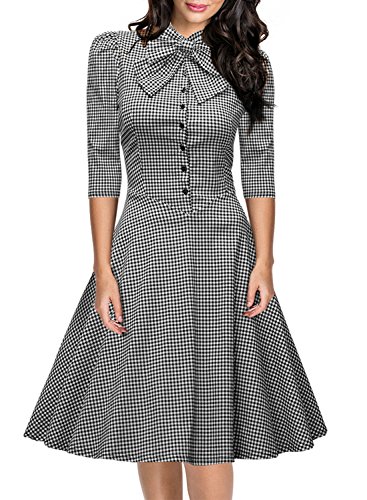 Miusol Women's Official Bow Neck Plaid Slim Half Sleeve Vintage Dress