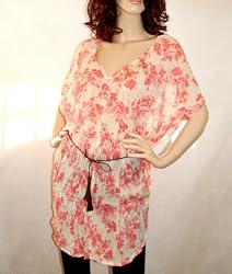 Sexy Sheer Floral Print Tunic 3/4 Bat Sleeve Top Blouse with Belt