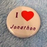 New Kids On The Block Vintage I Love Jonathan Button 1 inch NKOTB Jonathan Knight Pin