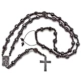 Mens Hip Hop Style Blackout Plated Jesus Face Cubic Zirconia Faceted Crystal Ball Beads Adjustable Rosary Chain (38 Inch Necklace x 6 Inch Drop)
