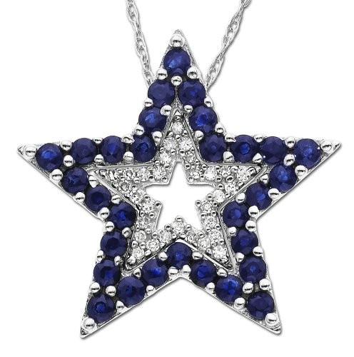 14k White Gold Sapphire and Diamond Star Pendant (.09 cttw)