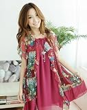 シフォンフリル フレンチスリーブ花柄チュニックワンピース ワインレッド