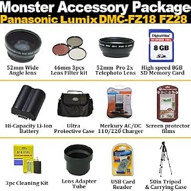 Ultimate Accessory Package For Panasonic Lumix DMC-FZ18 FZ28 Includes Wide Angle Lens, Telephoto Lens, Filter Kit, 8GB Memory, Case, Tripod, 3HR Battery, Rapid Charger + Much More