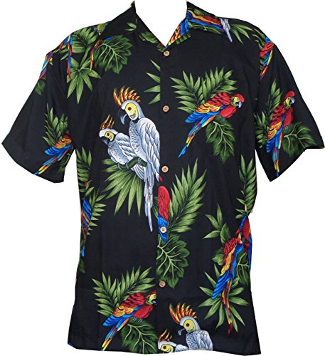 Hawaiian Shirt Parrot Printed Polyester Black Aloha Beach Camp Party Man