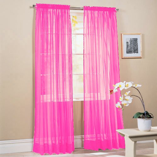 2 Piece Solid Hot Pink Sheer Window Curtains drape panels treatment 60