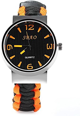 Outdoor 5 in 1 Travel Watch with Fire Starter Paracord Compass Whistle Rescue Bracelet(Black Orange)