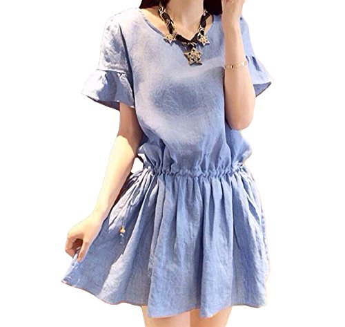 レディース カジュアル ワンピース チュニック 春夏物 半袖 デニム ミニスカート ボタン アクセント カレッジ風 美脚 スリム レース フレア かわいいスカーフ付き AT0167