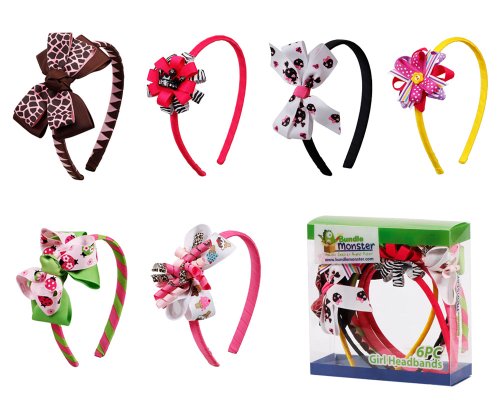 Bundle Monster 6pc Cute Handmade Grosgrain Ribbon Bows Girl Hair Headbands - Assorted Mix Lot Set