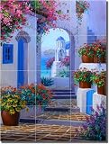 "Santorini Song" by Mikki Senkarik - Artwork On Tile Ceramic Mural 24" x 18" Kitchen Shower Backsplash