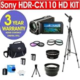 Sony HDR-CX110 HD Handycam¨ Camcorder + .45x Wide Angle Lens + 2X Telephoto Zoom Lens + +1, +2, +4, +10 4 Piece Close Up Macro Kit + 3 Piece Multi-Coated Glass Filter Kit + Extra High Capacity Li-Ion Battery + Deluxe Padded Camcorder Bag + 62 Titanium Anodized Tripod + 6 Piece Accessory Kit + 3 Year Warranty Repair Contract