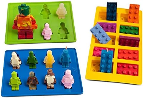 Joyoldelf Kitchen For Building Bricks Lovers - Value Set Of 3 Silicone Molds, Including One Building Bricks Mold, One Large size Mini Figure Mold And One Small Size - Use For Ice Cube, Chocolate, Candy, Soap, Candle, Jello, Crayons Making - 100% Food Grade Silicone - Party Favors And Cake Decorating, Kid's Favorite