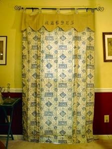 French Blue Toile Alphabet Figural Blind or Curtain with Embroidered Scalloped Valance