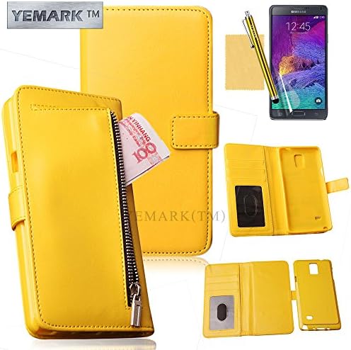Note 4 Case,Galaxy Note 4 Case,YEMARK(TM) Quality PU Leather [Special Zipper Purse Design] 2IN1 Detachable Purse Wallet Flip Case + Back Cover with Two Money Holders Fit For Samsung Galaxy Note 4[Built-in Credit Card/ID Card Holders],[+Stylus+Screen Protector+Cleaning Cloth]-(Yellow), Samsung Galaxy Note 4 Case